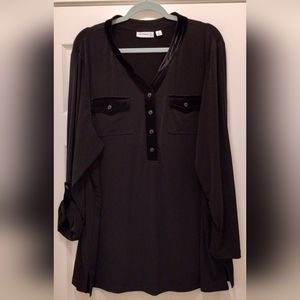 Susan Graver Dress Shirt Liquid Knit with Velvet Trim 2X